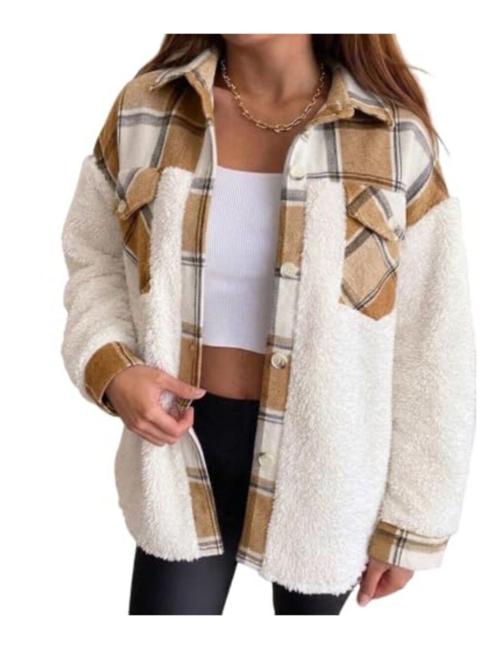 Plaid Patchwork Sherpa Fleece Shacket Button Up Loose Fit Oversized